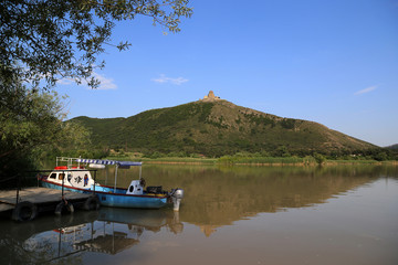 View of the Kura River and Jvari Monastery in Mtskheta, Georgia.