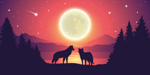two wolves by the lake purple mountain landscape with full moon and starry sky vector illustration EPS10