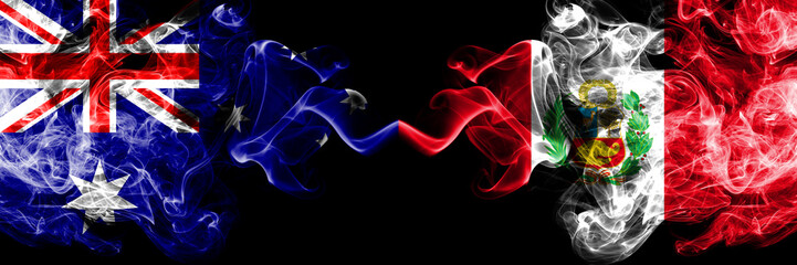 Australia vs Peru, Peruan smoky mystic flags placed side by side. Thick colored silky smokes combination of national flags of Australia and Peru, Peruan