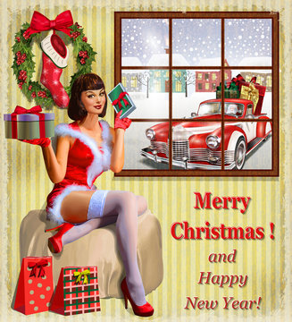 Christmas pin-up girl with gift box in hands.Vintage postcard. Stock Vector  | Adobe Stock