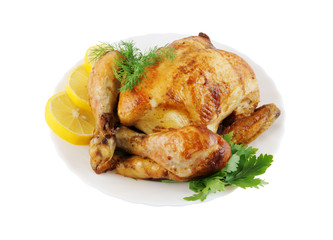 Grilled chicken in white plate isolated on white
