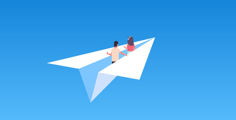 couple in love flying on paper airplane man woman lovers traveling together romantic concept flat horizontal