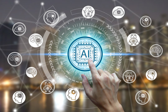 hand touching virtual screen Artificial Intelligence technology icon over the Network connection, Artificial Intelligence Technology Concept.