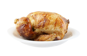 Grilled chicken on plate isolated on white background