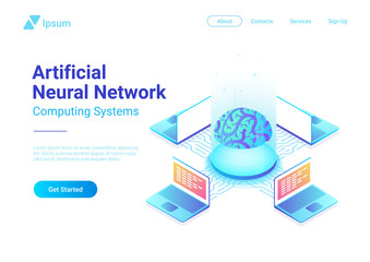 Fototapeta premium Isometric flat Artificial Intelligence Neural Networks future technology concept design. Digital Brain connected with computers. AI, ANN vector illustration.