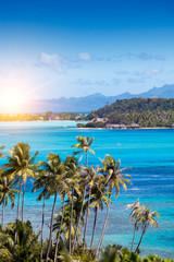Blue lagoon of the Bora Bora island, Polynesia. Top view on palm trees and the sea..