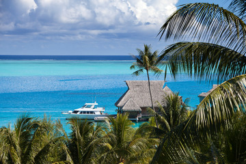 Blue lagoon of the Bora Bora island, Polynesia. Top view on palm trees, traditional lodges over...