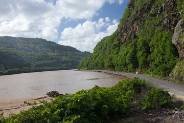 Fototapeta premium The road between hills at the lake. Mauritius