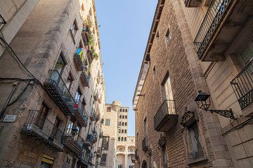 Barcelona,Gothic quarter view, ancient street and historic tower of square, plaza rei.