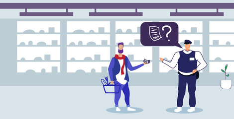 Obraz premium man security guard checking payment bill male customer holding shopping basket with grocery products modern shopping mall interior flat full length horizontal