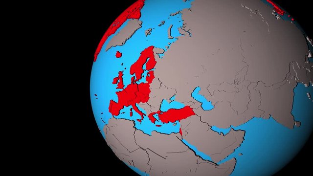 Closing in on OECD European members on political 3D globe. 3D illustration.