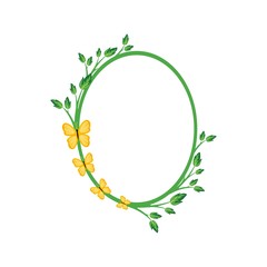 Vector concept green oval photo frame with yellow butterfly. Blank template to decorate the image and photo. Modern elegant graphic design.