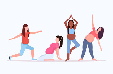 Fototapeta premium set pregnant woman doing stretching physical exercises mix race girls working out collection fitness pregnancy healthy lifestyle concept full length horizontal flat