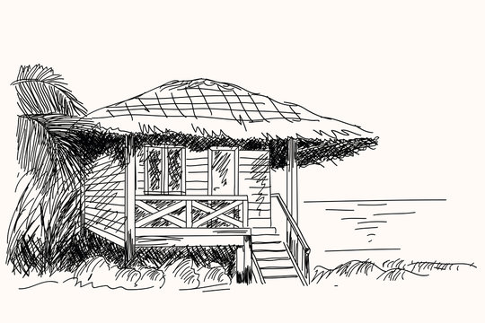 Old wooden hut with thatched roof on the beach. Hand sketch in vector.