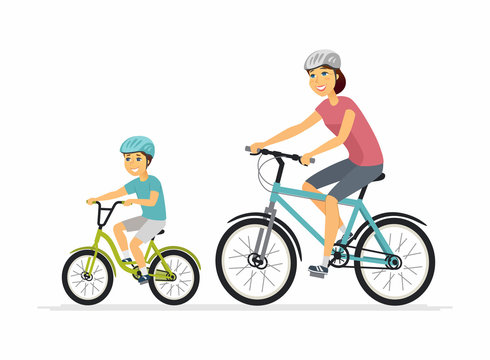 Mother and son cycling - cartoon people characters illustration
