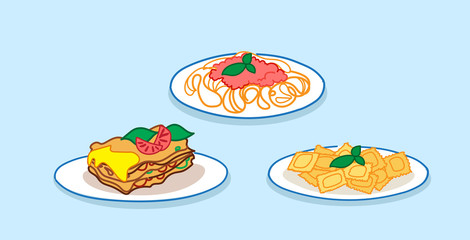 set spaghetti pasta lasagne with basil and tomato sauce restaurant italian food collection sketch doodle horizontal
