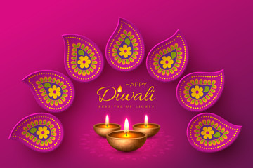 Diwali festival of lights holiday design with paper cut style of Indian Rangoli and diya - oil lamp. Purple background. Vector illustration.