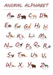English alphabet. Red letters and hand drawn animals in cartoon style isolated on the white background.