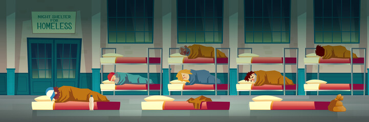 Night shelter for homeless people cartoon vector concept with poor beggar lying on mattress on floor, men and women sleeping on bunk beds in emergency housing center, temporary residence illustration - obrazy, fototapety, plakaty