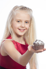 Girl gives a chocolate cake