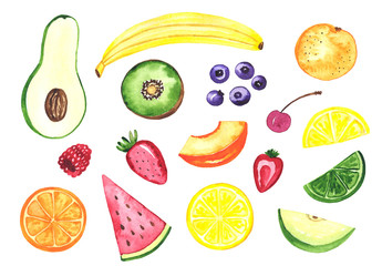 Watercolor illustration of sweet fruits. Hand drawn illustration. Banana, apple, avocado, peach, lemon, raspberry and other fruits and berries
