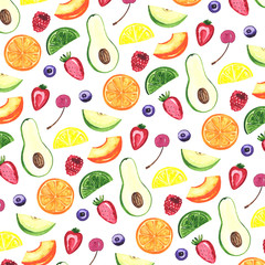 Watercolor illustration of sweet fruits. Hand drawn illustration. Seamless pattern.  Banana, apple, avocado, peach, lemon, raspberry and other fruits and berries