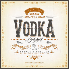 Vintage Vodka Label For Bottle/ Illustration of a vintage design elegant vodka label, with crafted lettering, specific 100% pure grain product mentions, textures and hand drawn patterns - obrazy, fototapety, plakaty