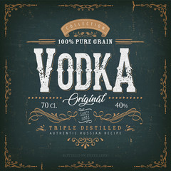 Vintage Vodka Label For Bottle/ Illustration of a vintage design elegant vodka label, with crafted lettering, specific 100% pure grain product mentions, textures and hand drawn patterns