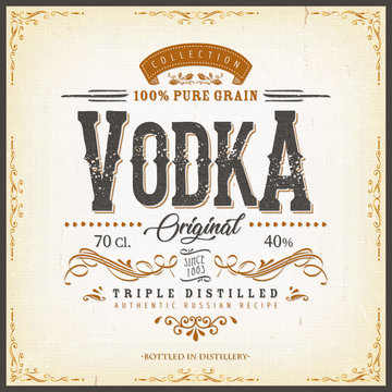 Vintage Vodka Label For Bottle/ Illustration of a vintage design elegant vodka label, with crafted lettering, specific 100% pure grain product mentions, textures and hand drawn patterns