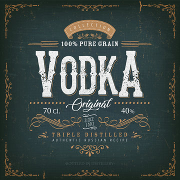 Vintage Vodka Label For Bottle/ Illustration of a vintage design elegant vodka label, with crafted lettering, specific 100% pure grain product mentions, textures and hand drawn patterns