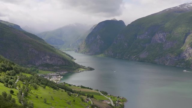 Panning Shot Of Aurland Fjord. Beautiful Nature Of Norway
