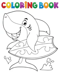 Crédence de cuisine en verre imprimé Pour enfants Coloring book surfer shark theme 1
