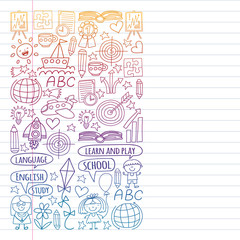 Vector set of learning English language, children's drawing icons in doodle style. Painted, colorful, pictures on a piece of paper on white background. Drawing on exercise notebook in gradient style.