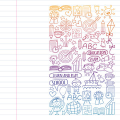 Fototapeta premium Vector set of learning English language, children's drawing icons in doodle style. Painted, colorful, pictures on a piece of paper on white background. Drawing on exercise notebook in gradient style.