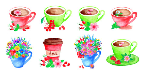 Set of watercolor colorful herbal tea cups