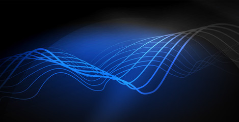 Glowing abstract wave on dark, shiny motion, magic space light. Techno abstract background