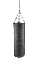 Black boxing bag on chains isolated on white background with clipping path