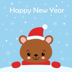 Greeting card with cute bear, snow and Happy New Year text, cartoon vector illustration.