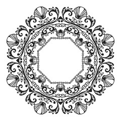 Black sea mandala with sea shells on white background. Decorative ornamental element. Vector illustration
