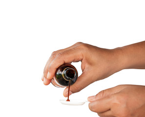 healthcare, treatment and medicine concept - bottle of medication or antipyretic syrup and spoon