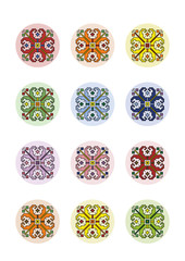 Fototapeta na wymiar Digital Collage Sheet Circles Pixel Art Motif Shevitsa Rainbow, 12 Unique Designs, Bottle Cap, Icons, Isolated on White Background