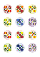 Digital Collage Sheet Circles Pixel Art Motif Shevitsa Rainbow, 12 Unique Designs, Bottle Cap, Icons, Isolated on White Background