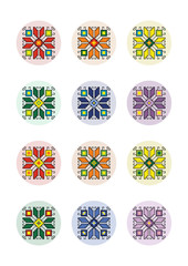 Digital Collage Sheet Circles Pixel Art Motif Shevitsa Rainbow, 12 Unique Designs, Bottle Cap, Icons, Isolated on White Background