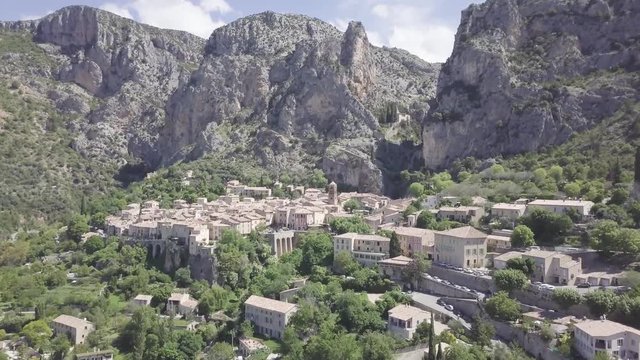 Aerial view of beautiful French village Moustiers Sainte Marie in Gorges du Verdon.
