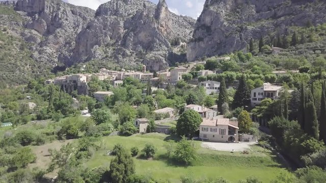Aerial natural landscape of Moustiers Sainte Marie and Notre Dame Ravine.