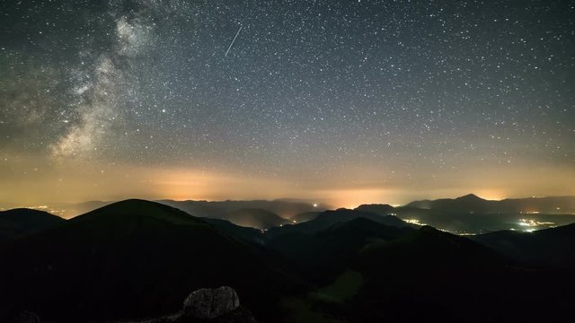 Day to night, Sunset to starry night in mountains Time lapse with milky way galaxy stars moving over countryside traffic
