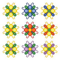 Fototapeta na wymiar Digital Collage Sheet Circles Pixel Art Flowers, Icons, Isolated on White Background
