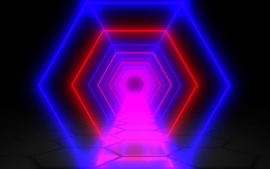 abstract background hexagon neon tunnel. 3d illustration