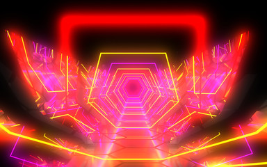 abstract background hexagon neon tunnel. 3d illustration