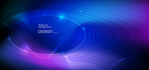 Illustration Abstract glowing, neon light effect, wave line, wavy pattern. Vector design communication techno on blue background. Futuristic digital technology for web or banner background